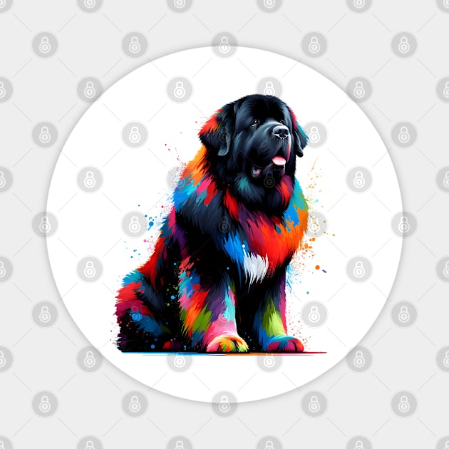 Vibrant Newfoundland Dog in Abstract Splashed Paint Magnet by ArtRUs